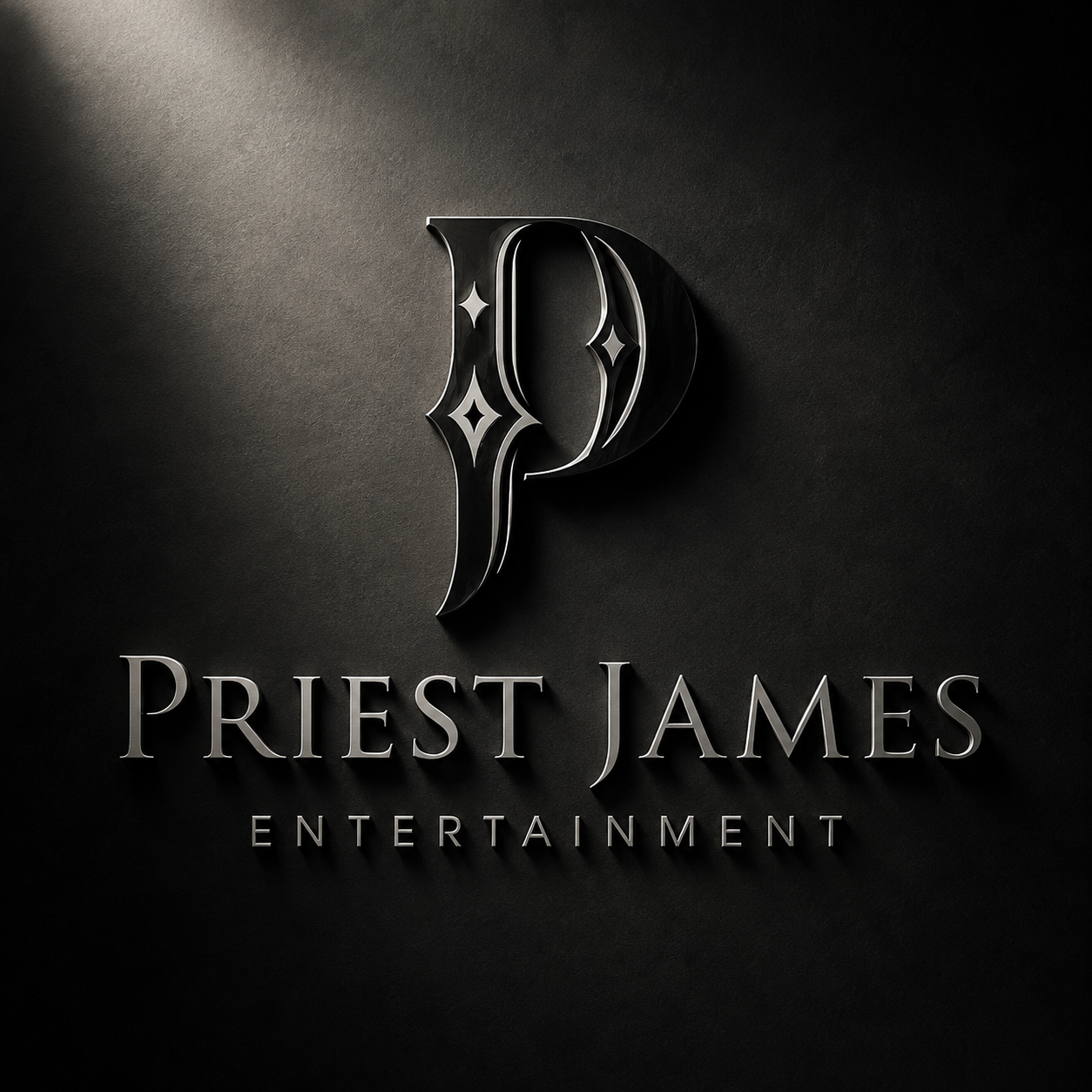 Priest James Entertainment logo rendered in brushed metal
